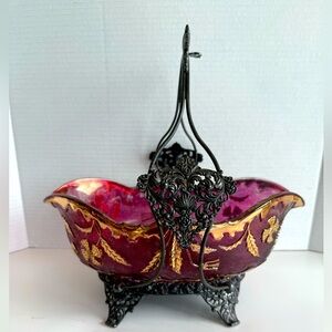 Antique Victorian “Delaware Rose” Ruby Art Glass Bowl in Silver Plate Basket